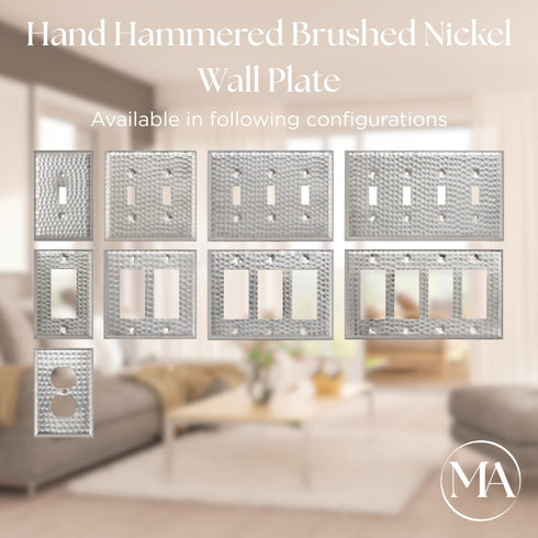 Hand Hammered Duplex Outlet Switch Wall Plate - Brushed Nickel Finish
